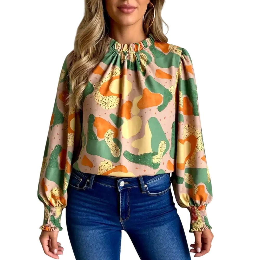 Jodifl Los Angeles Abstract Print Ruffle Mock Neck Blouse Green‎ Orange Sm NWT